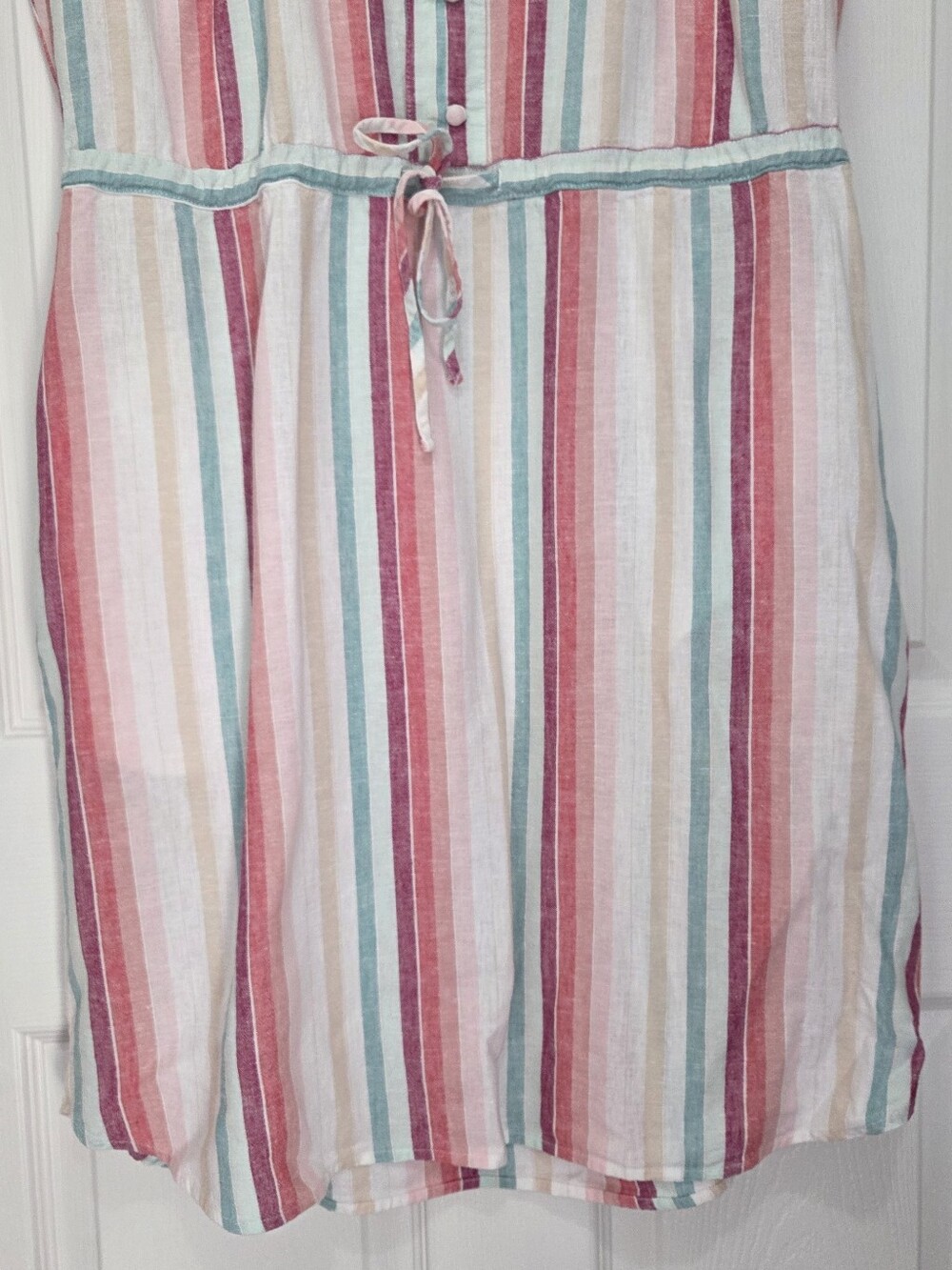 Time & Tru Linen Blend Pastel Vertical Stripe Midi Dress Drawstring Waist Small - Picture 3 of 10